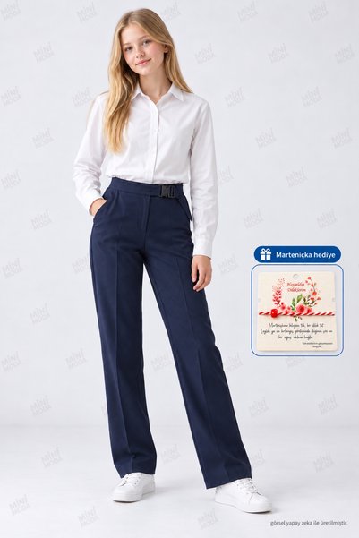 Minimoda Kids Момичешки тъмносини панталони с прав крачол и детайли с колан с...
