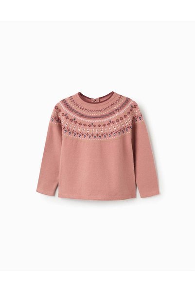 Ziddy Knitted Jumper With Jacquard Pattern For Girls, Dusty Pink