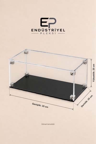 ep endustriyel pleksi 25x35x25 cm Dikdörtgen Şeffaf Pleksi Display Box Premium Vitrin Ürün Sergileme Kutusu Siyah Taban