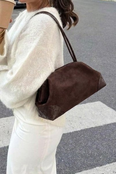 Berlesi Brown Knitted Detailed Suede Bag