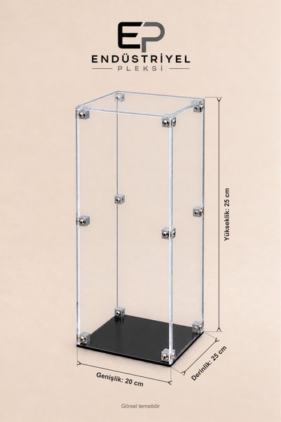 ep endustriyel pleksi 20x25x25 cm Dikdörtgen Şeffaf Pleksi Display Box Premium Vitrin Ürün Sergileme Kutusu Siyah Taban
