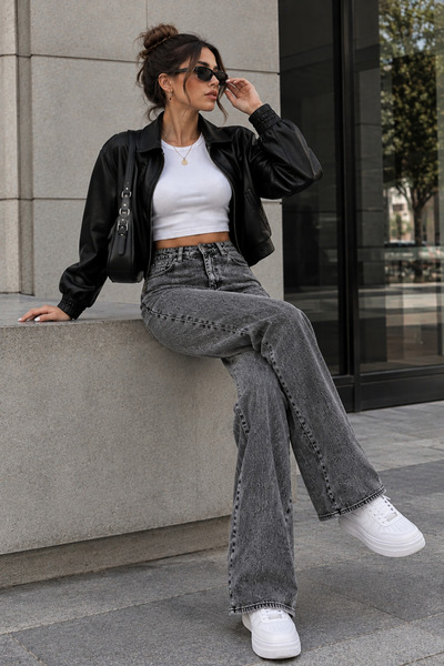 byhaziran butik Smoked Color Women's Lycra Wide Leg High Waist Jeans