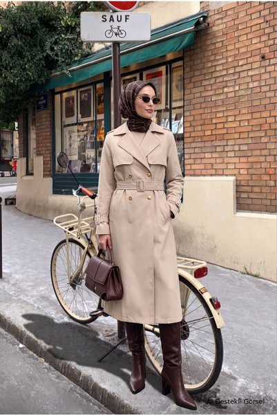Armine TREND Klasik Yaka Yandan Cepli Çift Düğmeli Trençkot 130 Cm Boy Bej 26...