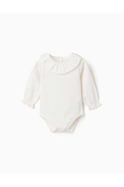Ziddy Long Sleeve Cotton Bodysuit With Ruffled Collar For Newborn Girls, White