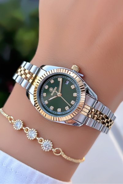 Homies Minimal Case-Gold Green Color-Steel Strap Women's Wristwatch -With Calendar- Bracelet Gift