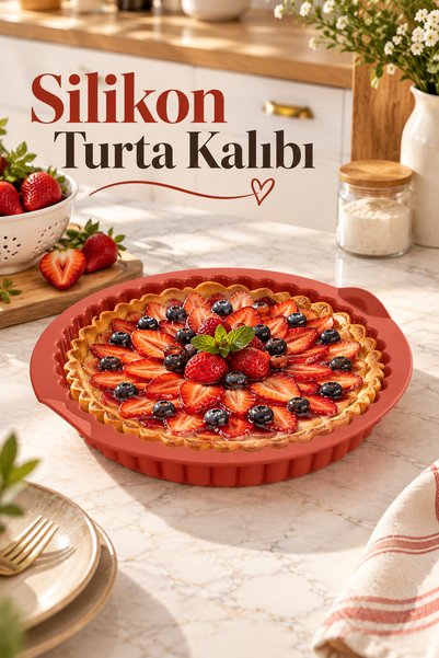 Porsima 30012 Silikon Turta Ve Tart Kalıbı XL 26 cm - Isıya Dayanıklı Yapışmaz Tırtıklı Kek Pişirme Kalıbı Kiremit