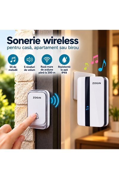 LUDIKOO Sonerie Wireless ZOGIN, 55 Melodii, 5 Niveluri Volum, Rază până la 20...