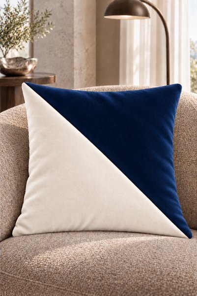 Çift Renkli Düz Kaliteli Kadife Kırlent Kılıfı 42x42 cm, Çapraz Panelli| Ekru-Lacivert