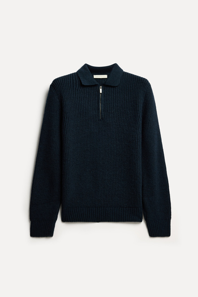 Mudo Men's Navy Blue Zippered Polo Collar Sweater