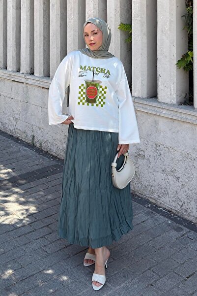 lamelif Βασική Υπερμεγέθης Μπλούζα με στάμπα Matcha Λευκή