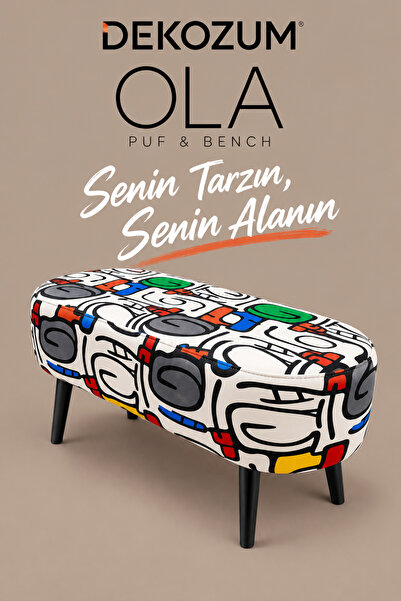 DEKOZUM OLA Modern Desenli Puf Bench – 92 cm Genişlik, 4 Ayaklı, Salon, Yatak...