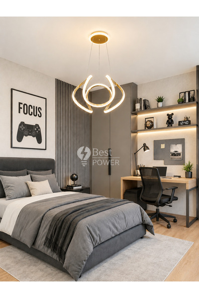best power ثريا علاقي مودرن LED ذهبية بتصميم هندسي التفافي مرصع بالكريستال و3 إضاءات - نجفة سقف 55 واط (موديل 6371)