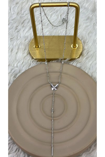 FM 💎   Premium Shiny and Stylish Butterfly Figure Detailed Silver Y Model Women's Steel Necklace (45 cm)