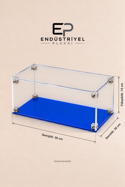 ep endustriyel pleksi 30x30x15 cm Dikdörtgen Şeffaf Pleksi Display Box Premium Vitrin Ürün Sergileme Kutusu Mavi Taban