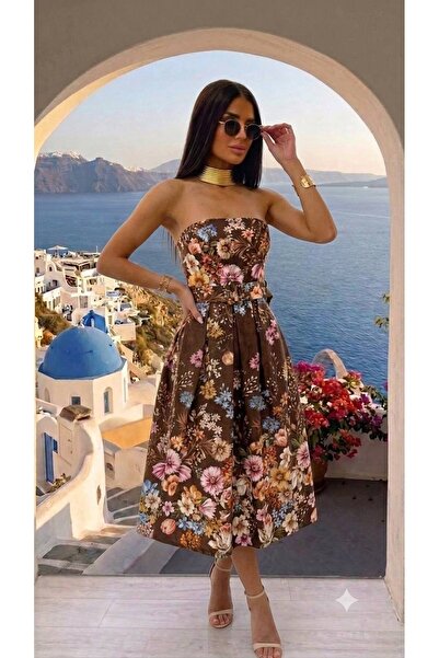 MAXORA SHOP Rochie din bumbac Gisella, lungă, fără bretele, cu imprimeu floral