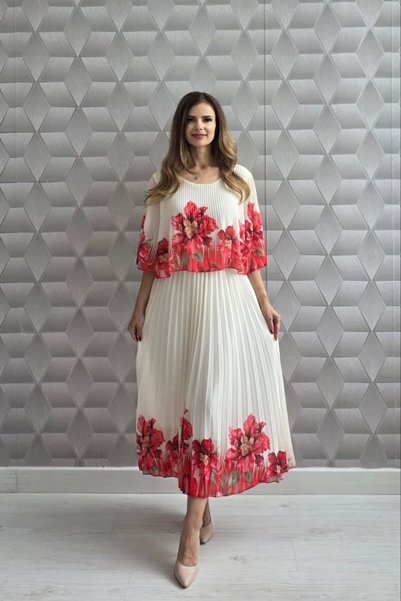MAXORA SHOP Rochie lejeră plisată Mara, cu decolteu Carmen și imprimeu floral
