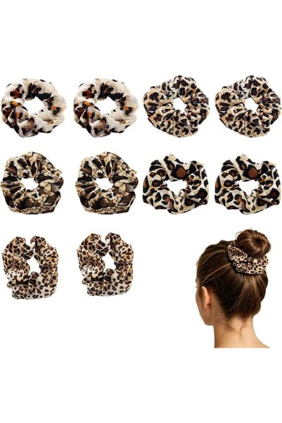 GENERAL Hair Bobbles Leopard Pattern 10 Pieces Velvet Scrunchies Elastic Retr...