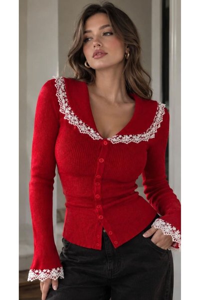 zeyoo collection ihb Lace Detailed Baby Collar Buttoned Women's Knitwear Cardigan