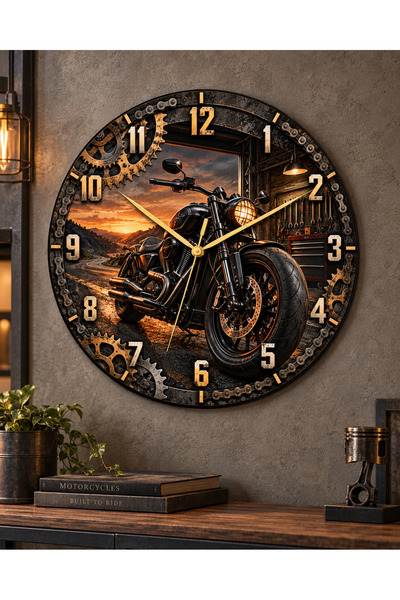 AA Shop Ceas de perete decorativ imprimat UV, tematică motor, 45 cm, din lemn...
