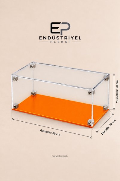 ep endustriyel pleksi 50x50x20 cm Dikdörtgen Şeffaf Pleksi Display Box Premium Vitrin Ürün Sergileme Kutusu Turuncu Taban