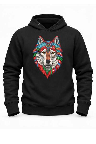 Alfa Tshirt Colorful Motif Wolf Printed Black Hooded Sweatshirt Without Pockets