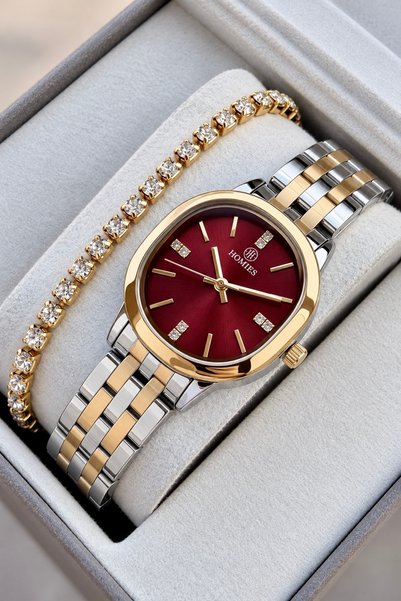 Homies Women's Wristwatch Gold & Silver Steel Band Burgundy Dial (Bracelet Gift).Hm23384S01-6