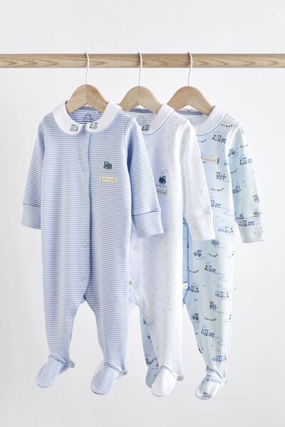 Next Baby 100% Cotton White Blue Baby Collar Train Patterned 3-Piece Jumpsuit...