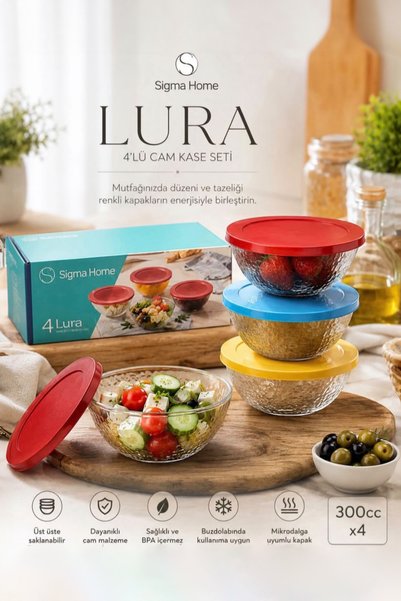 Sigma Home Lura - 4'lü Plastik Kapaklı Cam Saklama Kabı Kase Çerezlik Kahvalt...