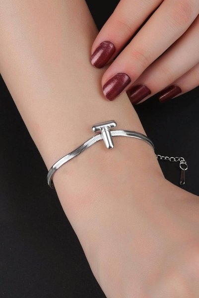 misotrend Silver t Letter Italian Crushed Chain Steel Bracelet