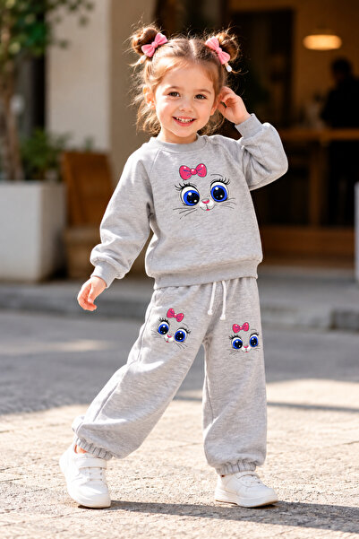 zepkids Girl's 3-Thread Cat Print Gray Tracksuit Set – Sweatshirt with Bow an...