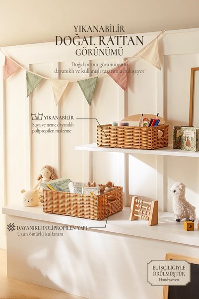 Ocean Home Textile 2'li Çocuk Odası Yıkanabilir Bej PP Rattan Dolap İçi Çamaş...