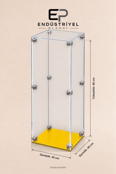 ep endustriyel pleksi 45x60x60 cm Dikey Şeffaf Pleksi Display Box Premium Vitrin Ürün Sergileme Kutusu Sarı Taban