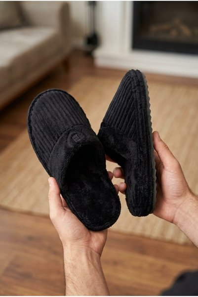 Moda Devrin 3'lü Paket Erkek Siyah Kadife Pelüş Detaylı Ribanalı Konfor Ev Terliği