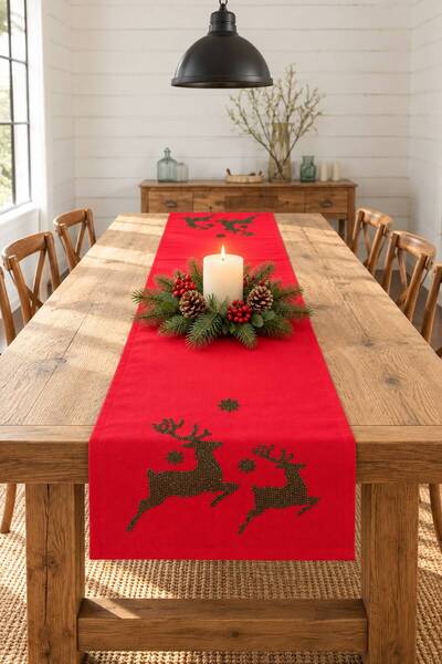 desicap Christmas Themed Stoned Runner Tablecloth 40×140 cm