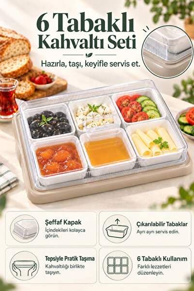 Meleni Home 6-Piece Breakfast Set - Square Breakfast Storage Container with Lid, Portable Serving Tray, Beige