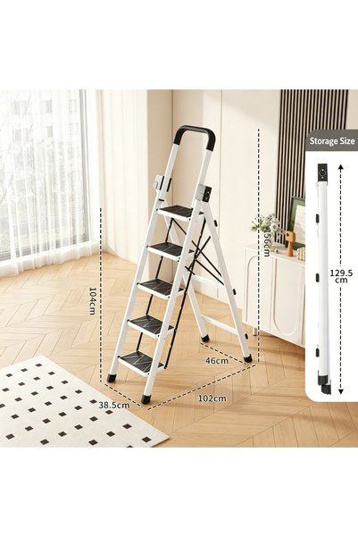 BESTONE 5 Step White Step Stool Ladder with Anti Slip Wide Pedals and Flip Over Handrail Multi Purpose Folding Design for Home Office Shop Library and Garage Use Easy to Store