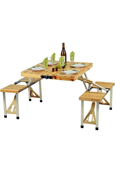 bjm Outdoor Compact Solid Wood Picnic Table, Folding Camping Table with 4 Pine Chairs, Portable Camping Table with Umbrella Hole, for Camping, Barbecue