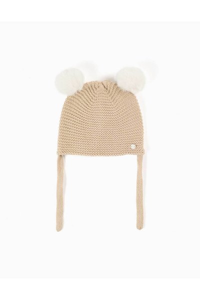 Ziddy Knitted Beanie With Pompons And Straps For Newborns, Beige/White