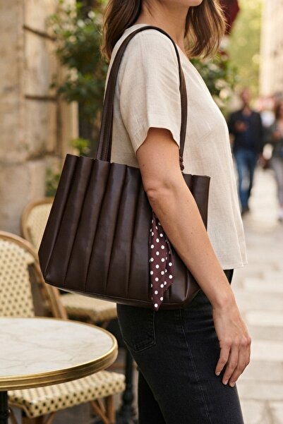 MARKACHİ Brown Scarf Pleated Daily Women's Bag with Hand and Shoulder Strap
