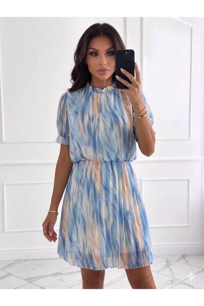 MAXORA SHOP Rochie plisată Irene, midi, cu guler înalt și mâneci scurte