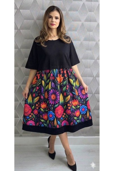 MAXORA SHOP Rochie Perla cu imprimeuri colorate și buzunare, midi