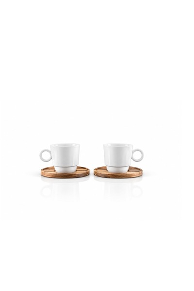 CAVO Caffo 12 Piece Porcelain Coffee Cup Set with Wooden Saucers - Wood White