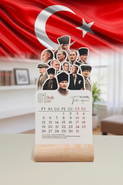 Dekopix 2027 Mustafa Kemal Atatürk Takvimi - Ahşap Standlı Masa Takvimi, Ahşa...