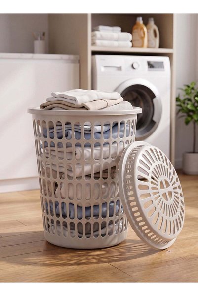 Taimi Off-White Plastic Laundry Basket with Tight Lid, Mesh Ventilation for B...