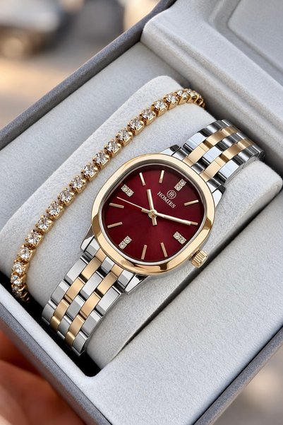 Homies Women's Wristwatch Gold & Silver Steel Band Burgundy Dial (Bracelet Gift).Hm23384S01-6