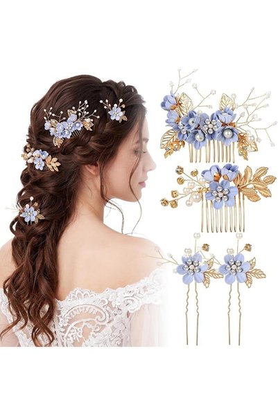 Kenning 12 Pcs Golden Leaf Hair Comb Bridal Pearl Hairpins Blue Flower Weddin...