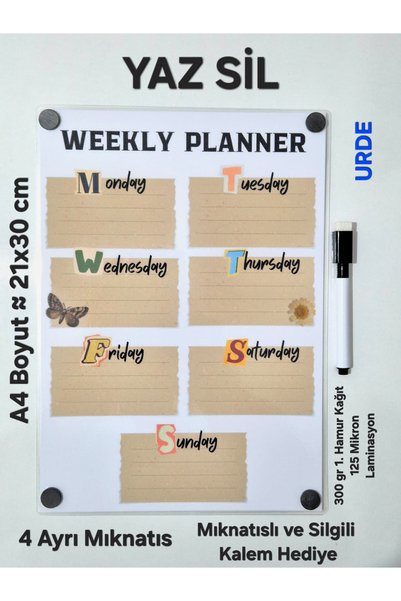 URDE Yaz Sil Haftalık Planlayıcı Weekly Planner A4 Boyut Laminasyon (Pvc) Wee...