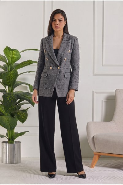 ceyniye Button Detailed Lined Gray Tweed Jacket