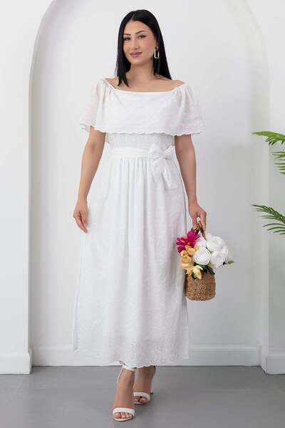 PULLIMM Madonna Collar Belted Embroidered Dress 2026-4643