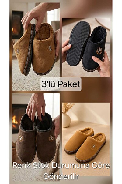 Moda Devrin Pack of 3 Men's Black Plush Lined Fully Closed House Slippers, Co...